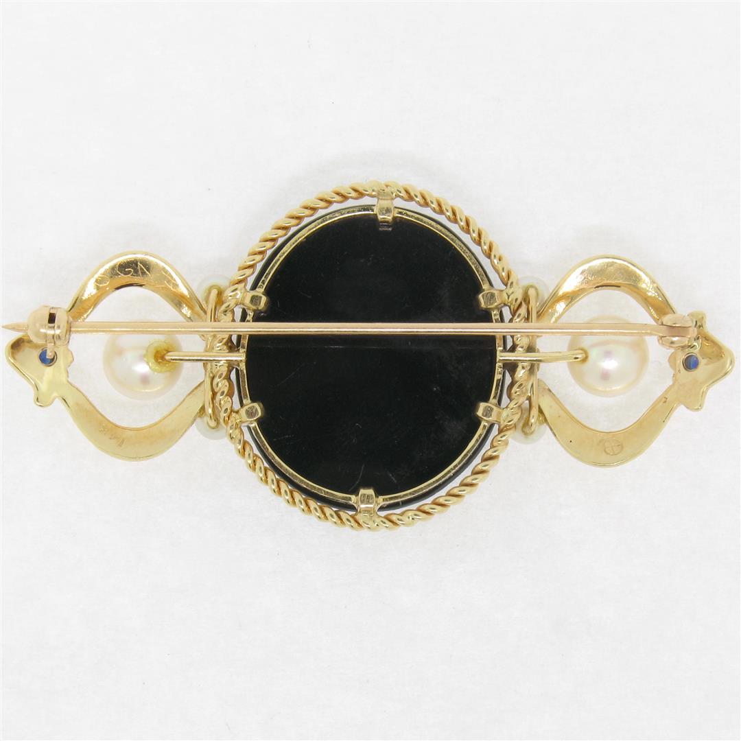 Vintage 14k Yellow Gold Black Onyx Floral Mosaic Sapphire and Pearl Brooch Pin