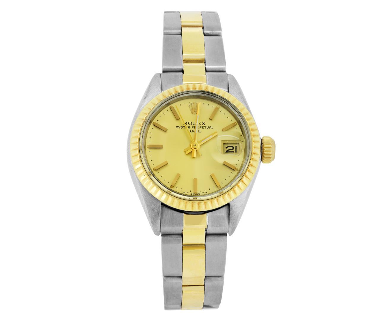 Rolex Ladies Two Tone Gold And Steel Champagne Dial Oyster Band Watch With Rolex
