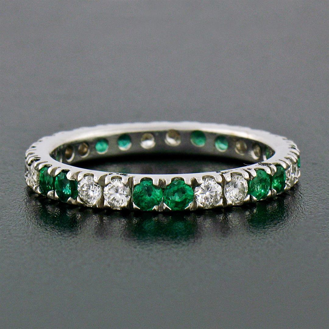 14K White Gold 1.40 ctw Round Shared Prong Diamond & Emerald Eternity Band Ring