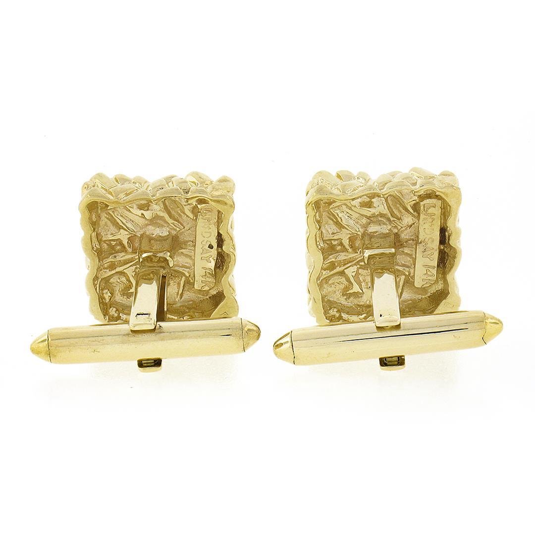 Men's Solid 14k Yellow Gold Nugget Textured Polished Finish Square Cuff Links