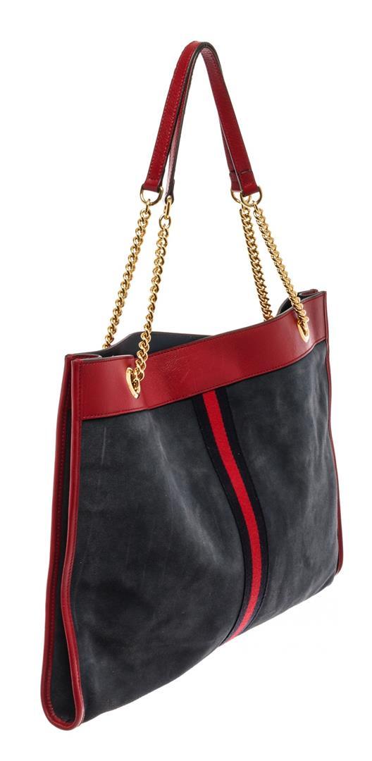 Gucci Navy Red Suede Leather Large NY Yankees Rajah Chain Tote Bag