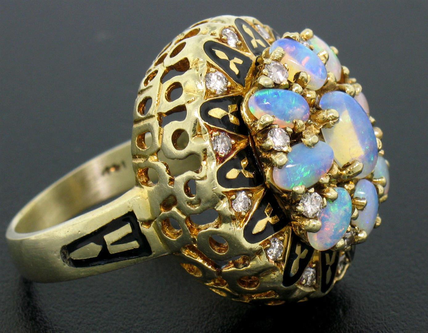 Vintage 14k Yellow Gold Oval Opal Diamond & Black Enamel Ladies Cocktail Ring