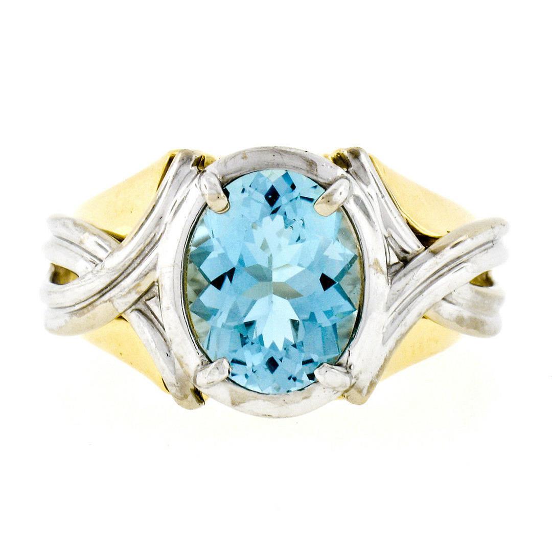 Estate 14k Two Tone Gold 2.10 ctw Oval Aquamarine Grooved Cocktail Ring