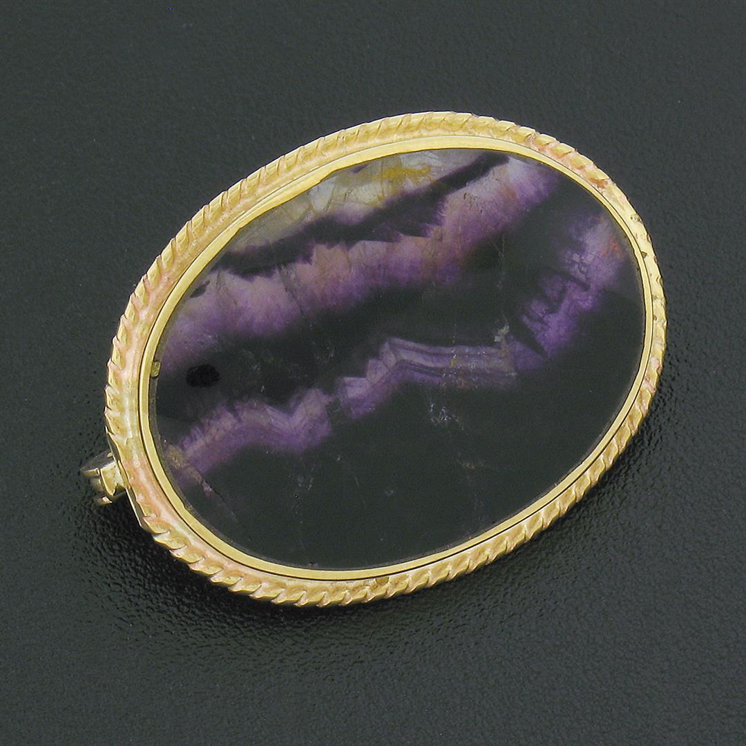 Vintage 9k Gold Oval Bezel Polished Natural Amethyst Twisted Wire Frame Brooch