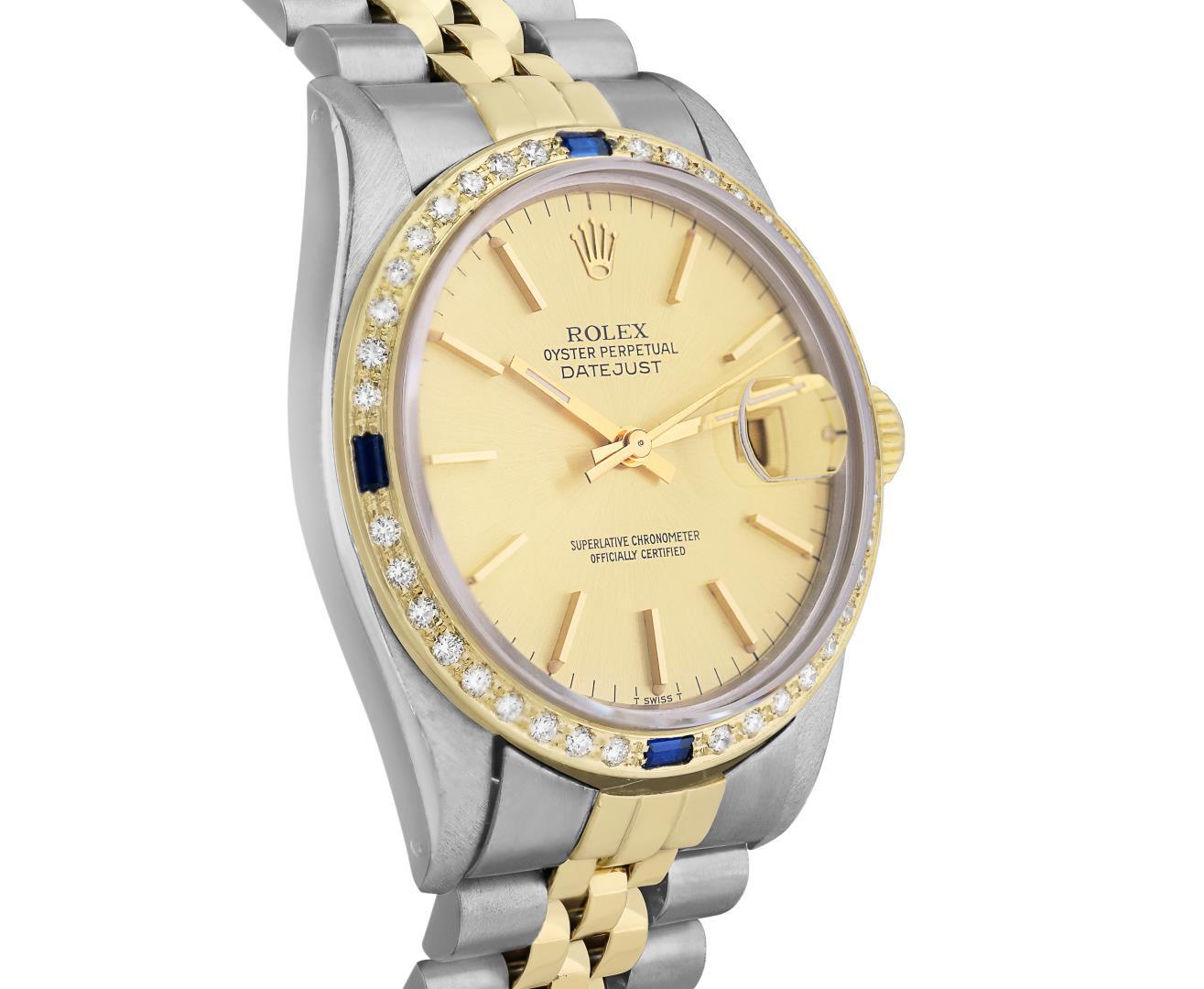 Rolex Mens 2 Tone Champagne Index Diamond And Sapphire Bezel Datejust Wristwatch