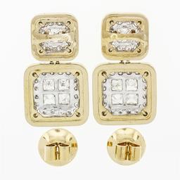 18k Two Tone Gold 3.60 ctw Princess Round Diamond Large Dual Square Drop Earring