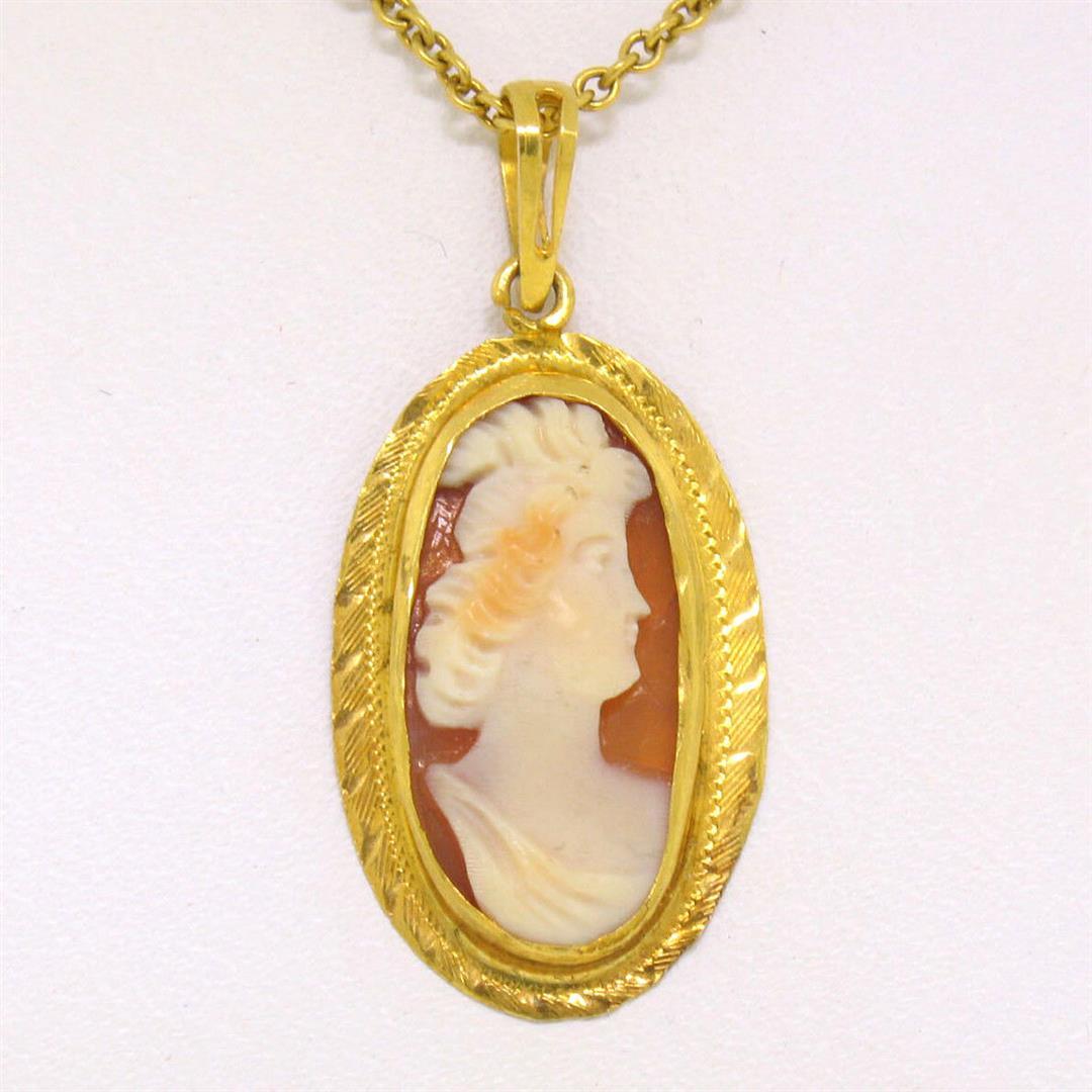 Antique Victorian 10K Yellow Gold Hand Carved & Set Cameo 16" Pendant Necklace