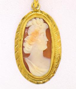 Antique Victorian 10K Yellow Gold Hand Carved & Set Cameo 16" Pendant Necklace