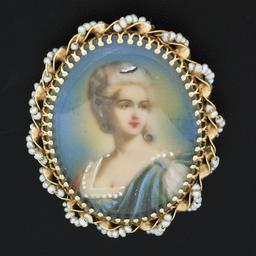 Vintage 14k Gold Speidel Bros. Oval Painted Portrait Pearl Framed Brooch Pendant