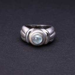 Heavy 18K White Gold & Blue Lace Agate Cabochon Ring