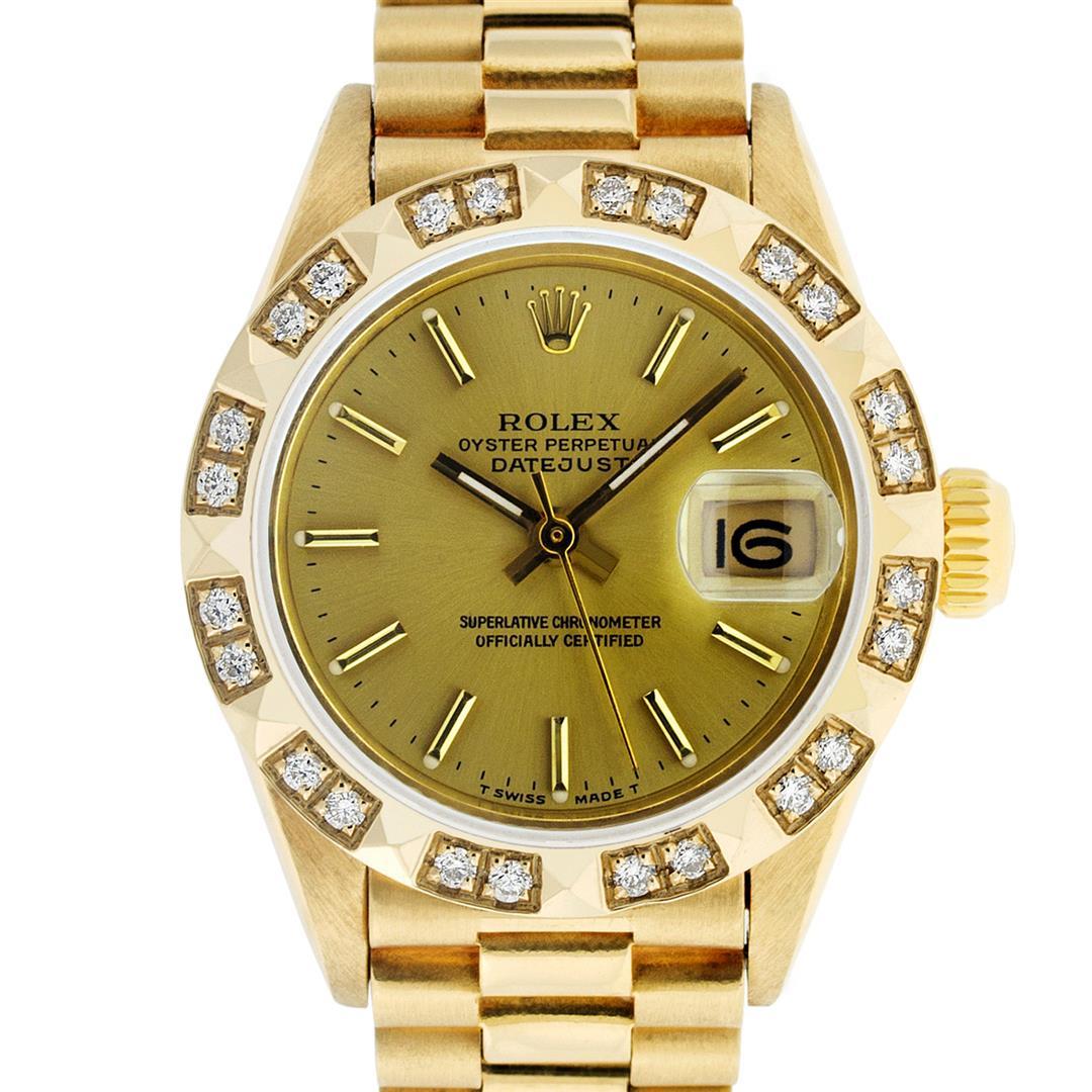 Rolex Ladies 18K Yellow Gold Champagne Index And Diamond Bezel President Wristwa