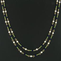 Vintage 18k Gold Long Enamel Pearl By The Yard & Twisted Wire Link 40" Necklace