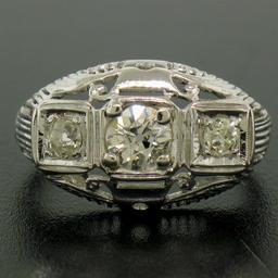 Antique Art Deco 18k White Gold Filigree 0.72 ctw 3 Old European Cut Diamond Rin