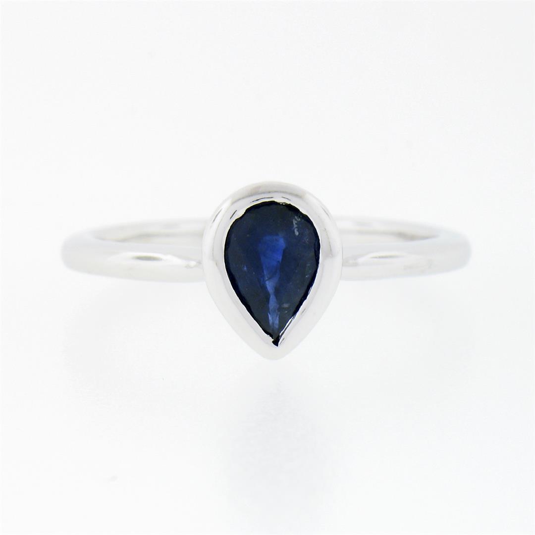 Simple Petite 14k White Gold 0.70 ctw Bezel Pear Dark Blue Sapphire Solitaire Ri