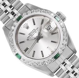 Rolex Ladies Stainless Steel Silver Index Diamond And Emerald Date Watch