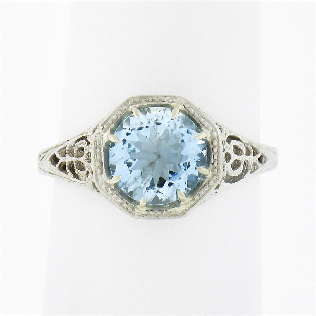 Vintage 14K White Gold 1.32 ctw Round Aquamarine Solitaire Open Filigree Work Ri