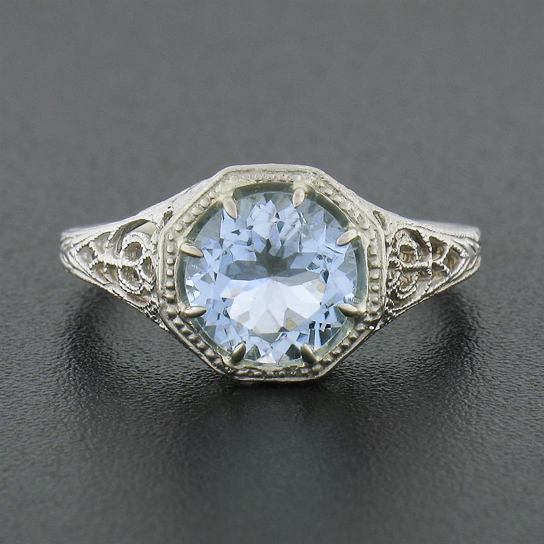 Vintage 14K White Gold 1.32 ctw Round Aquamarine Solitaire Open Filigree Work Ri