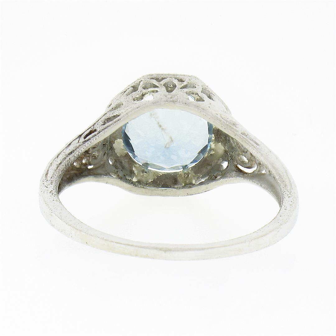 Vintage 14K White Gold 1.32 ctw Round Aquamarine Solitaire Open Filigree Work Ri