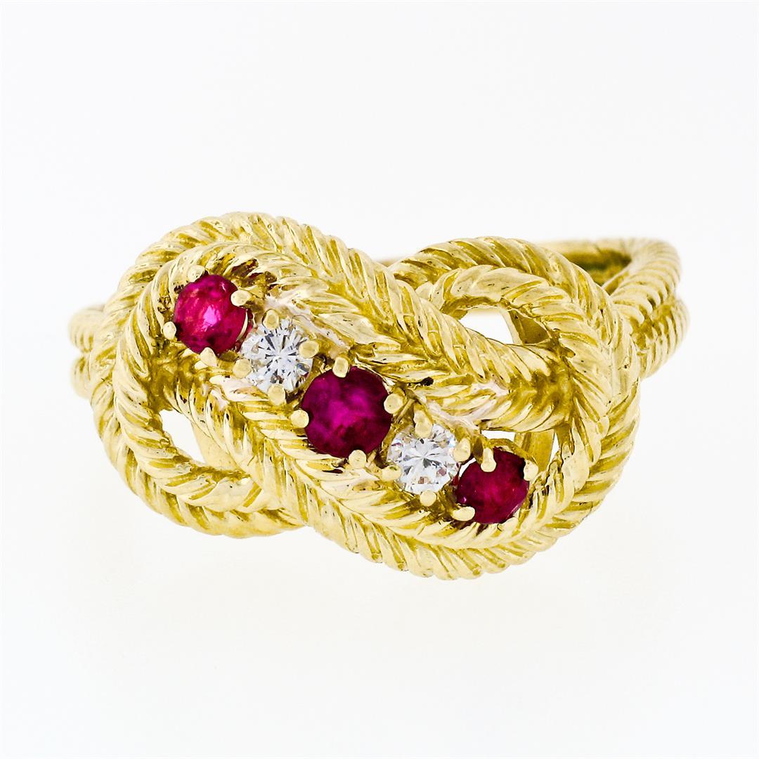 18k Yellow Gold 0.50 ctw Prong Round Diamond & Ruby Braided Loop Knot Band Ring