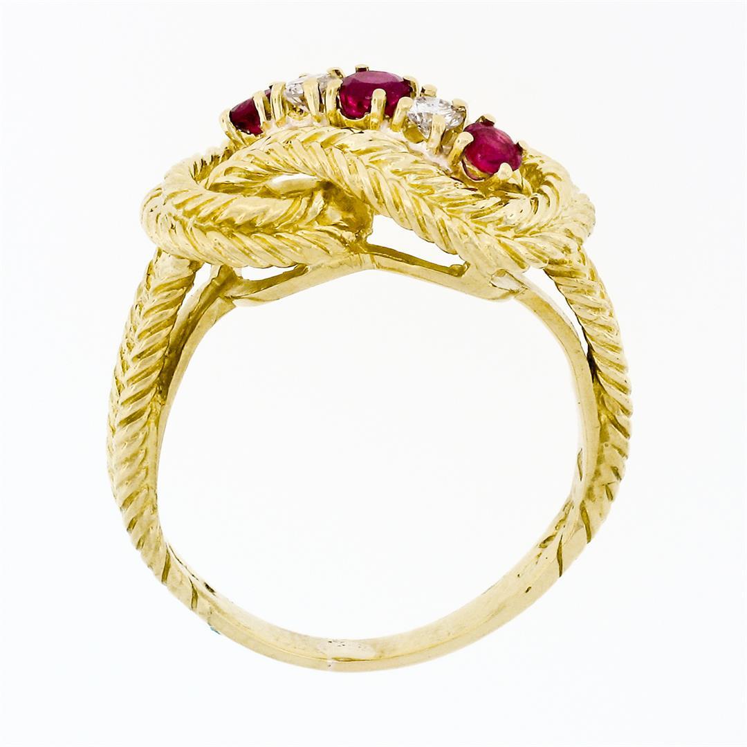 18k Yellow Gold 0.50 ctw Prong Round Diamond & Ruby Braided Loop Knot Band Ring