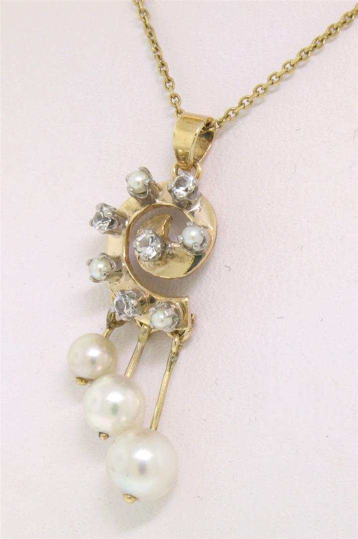 Vintage 14K Yellow Gold Round Pearl & .20 ctw Diamond Spiral 16" Pendant Necklac