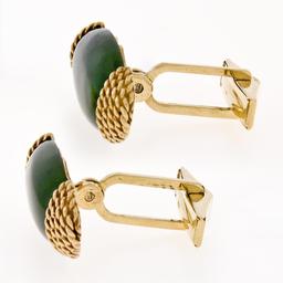 Vintage 14k Yellow Gold Long Marquise Shaped Jade Rope Pattern Swivel Cuff Links