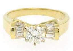 14k Yellow Gold 0.91 ctw Round Diamond Solitaire Channel Baguette Engagement Rin