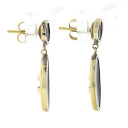 Antique 14k Gold & Platinum Round & Oval Black Onyx Wheat Work Dangle Earrings