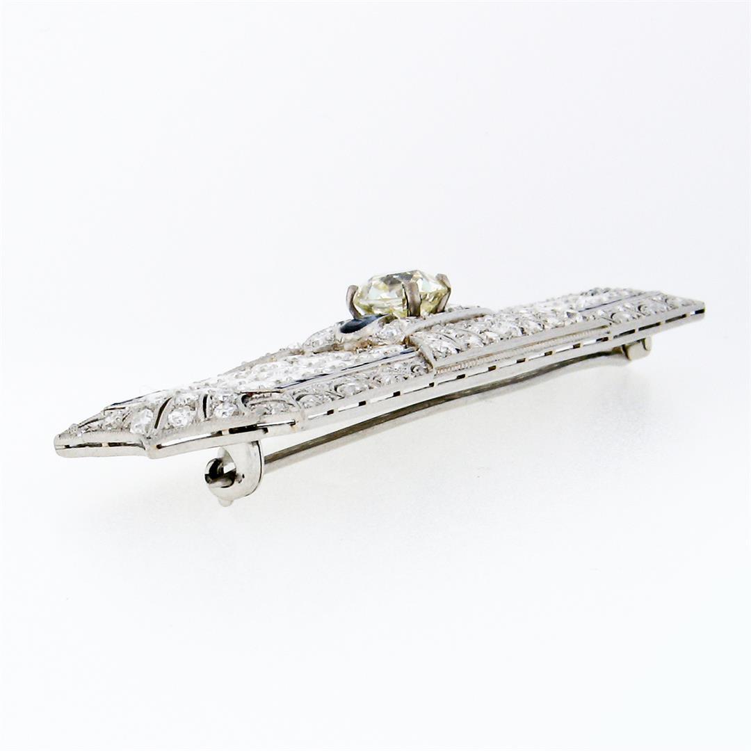 Antique Art Deco Platinum 7.24 ctw Diamond Large Sapphire Filigree Brooch Pin