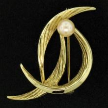 German Solid 14k Yellow Gold 5.9mm Round Cultured Pearl Textured Bird Brooch Pin