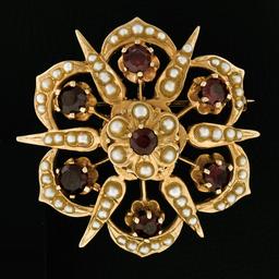 Antique Victorian 14k Gold 1.50 ctw Garnet & Pearl Open Round Brooch Pin Pendant