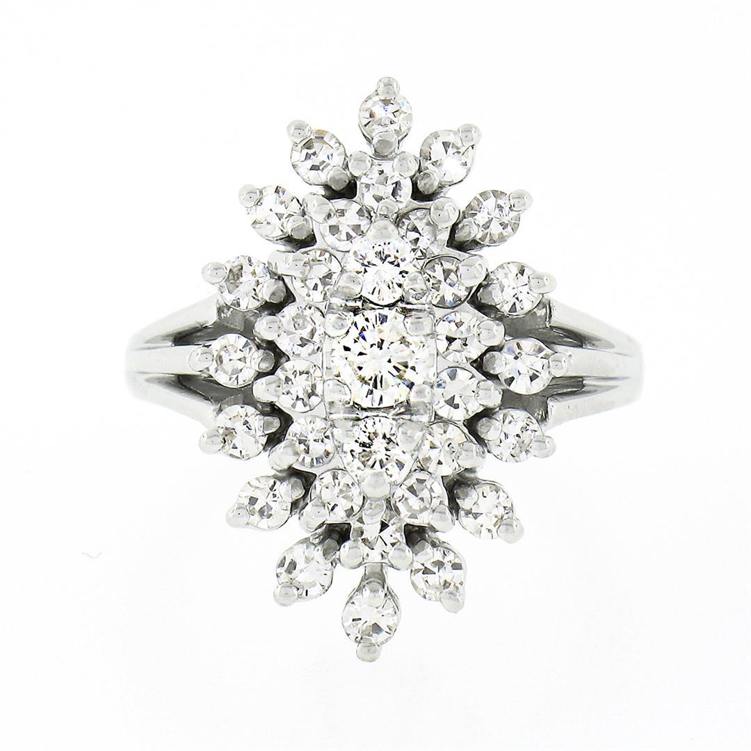 Vintage 14K White Gold 1.03 ctw Prong Diamond Navette Shape Tiered Cluster Ring