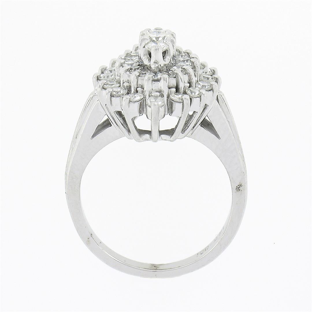 Vintage 14K White Gold 1.03 ctw Prong Diamond Navette Shape Tiered Cluster Ring