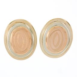 14K Tri Color Gold Dual Finished Tiered Oval Pattern Disk Button Stud Earrings