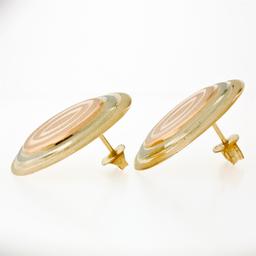 14K Tri Color Gold Dual Finished Tiered Oval Pattern Disk Button Stud Earrings