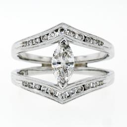 14K White Gold 1.01 ctw Marquise & Round Cut Diamond Milgrain Wide Open Split Ri