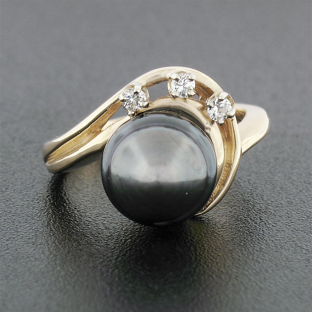 Vintage 14K Yellow Gold Round Diamond Dark Gray Pearl Solitaire Swirl Band Ring