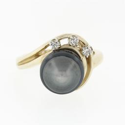 Vintage 14K Yellow Gold Round Diamond Dark Gray Pearl Solitaire Swirl Band Ring