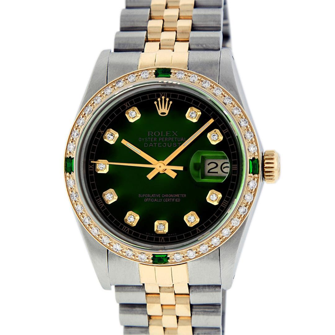 Rolex Mens 2 Tone Green Vignette Diamond Datejust Wristwatch 36MM