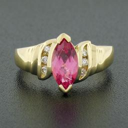 14k Gold 1.00 ctw Marquise Pink Tourmaline w/ Round Diamond Channel Accents Ring