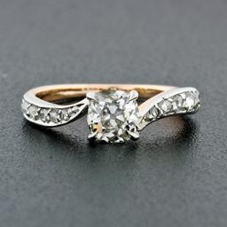 Antique Edwardian 18K Gold Platinum 0.90 ctw Diamond Wavy Accents Engagement Rin