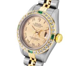 Rolex Ladies Quickset Sapphire 18K Two Tone Champagne Roman Diamond And Emerald