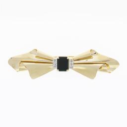 Vintage 14k Gold Black Onyx & Old Cut Diamond Long Freeform Ribbon Brooch Pin