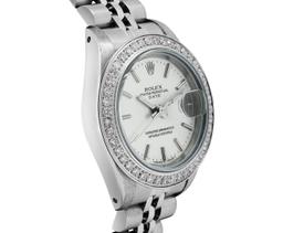 Rolex Ladies Stainless Steel Quickset Silver Index Diamond Bezel Date Watch With