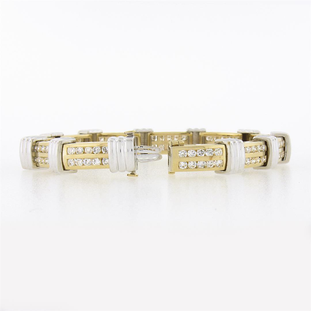 14K TT Gold 3.50 ctw Round Dual Channel Set Diamond & Grooved Link Tennis Bracel