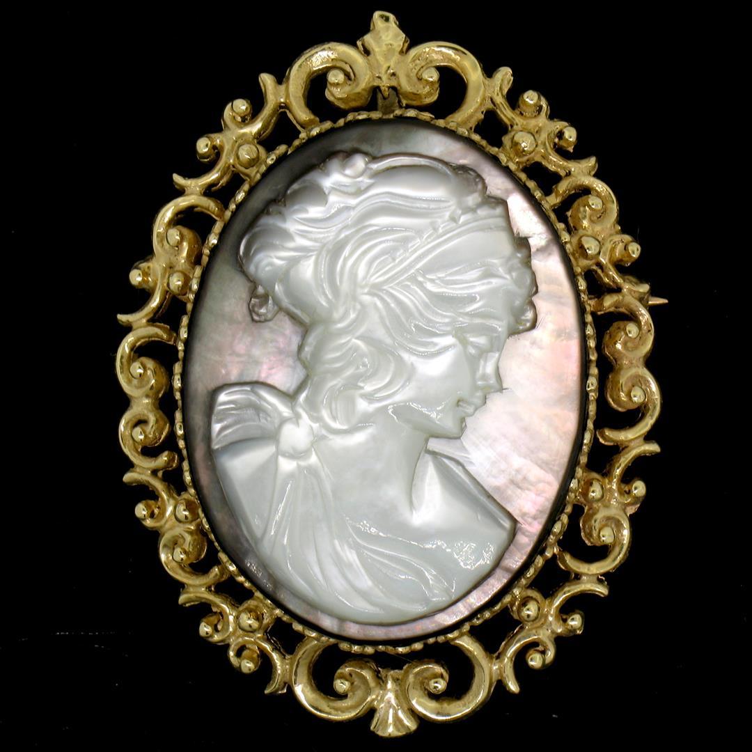 Vintage 14K Gold Carved White on Black Mother of Pearl Cameo Pin Brooch Pendant