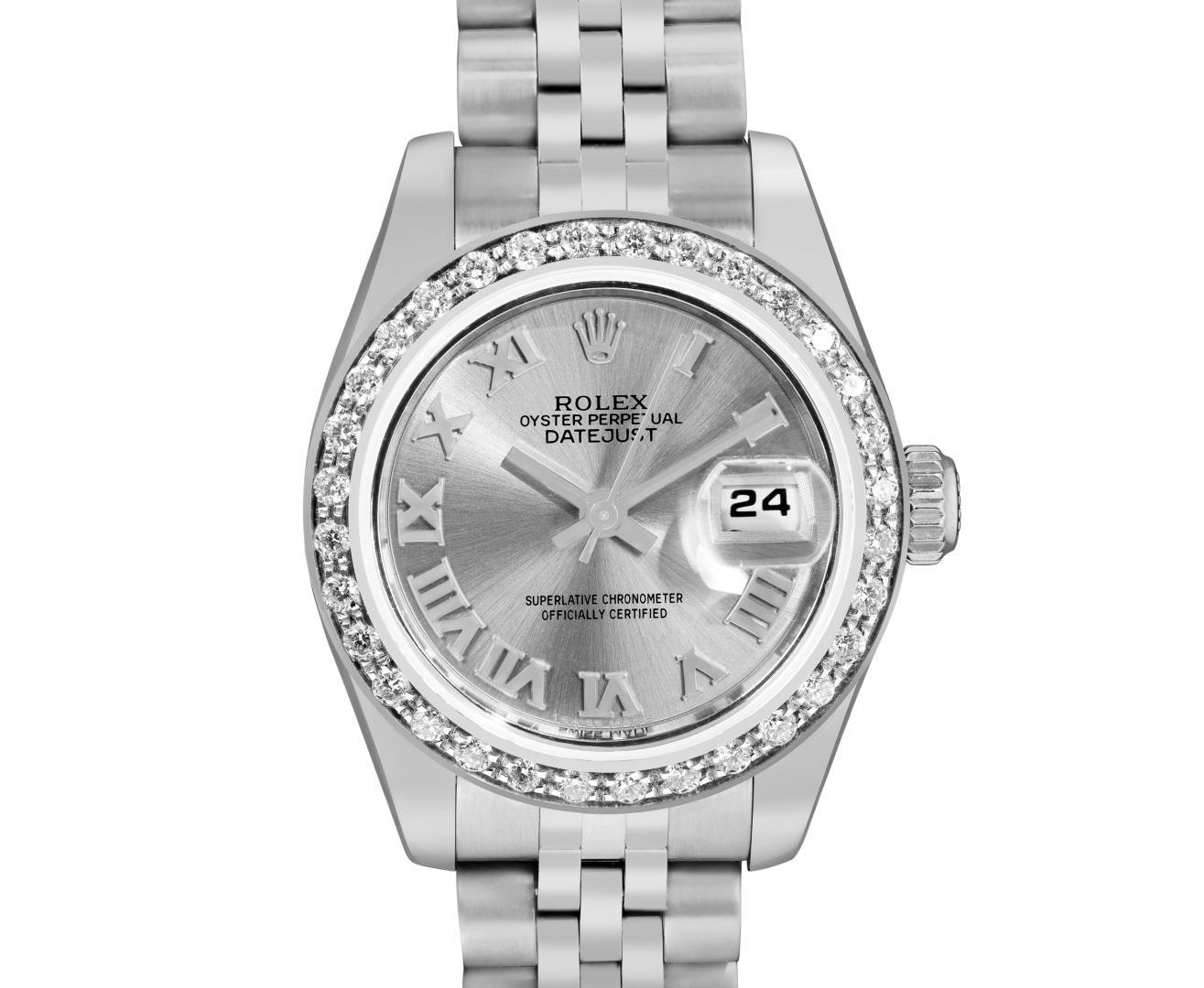 Rolex Ladies Quickset Silver Roman White Gold Diamond Bezel With Hidden Clasp Ju