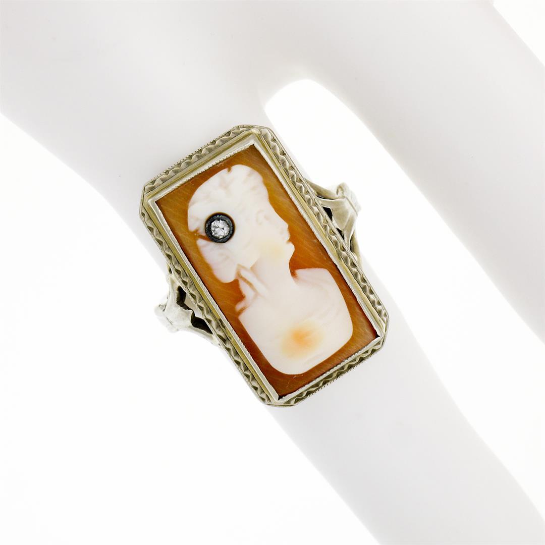 Antique 18K White Gold Rectangular Carved Shell Cameo Diamond Etched Frame Ring