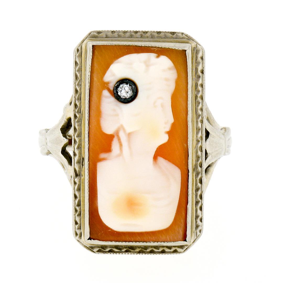 Antique 18K White Gold Rectangular Carved Shell Cameo Diamond Etched Frame Ring