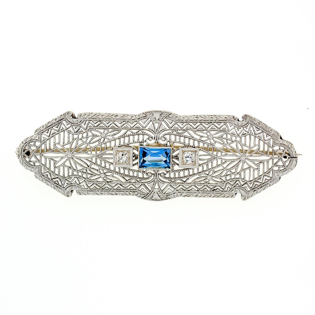 Antique Art Deco 14k White Gold Aquamarine & Diamond Open Filigree Wide Bar Pin